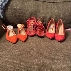 3 Pair Bundle Of Red Designer Heels, 2 Pair Brand New, Never Worn, One Pair Worn Only Once, No Damage, Just Bottom Of Shoe Shows Wear 