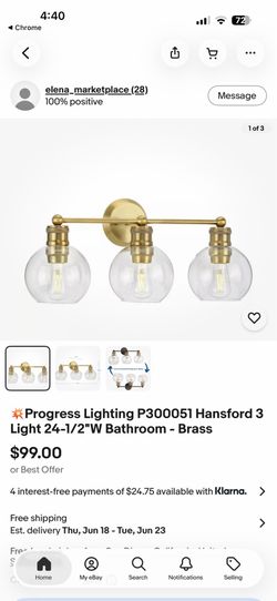 💥Progress Lighting P300051 Hansford 3 Light 24-1/2"W Bathroom - Brass