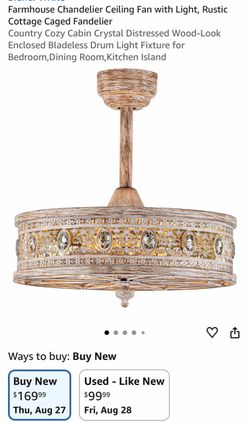 Farmhouse Chandelier Ceiling Fan with Light, Rustic Cottage Caged Fandelier Country Cozy Cabin Crystal Distressed Wood-Look Enclosed Bladeless Drum Li