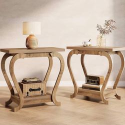 Side End Table, Wooden 2-Tier Rustic Besides Sofa Table with Storage for Living Room, Bedroom, Entryway, Small Spaces, Brown (2)