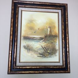Oil Painting Wall Art $10 Landscape Seascape Yellow Lighthouse Seagulls Birds Seashore