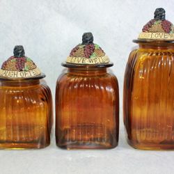 Vintage LIVE WELL, LAUGH OFTEN, LOVE WELL Amber Glass Canister Set 