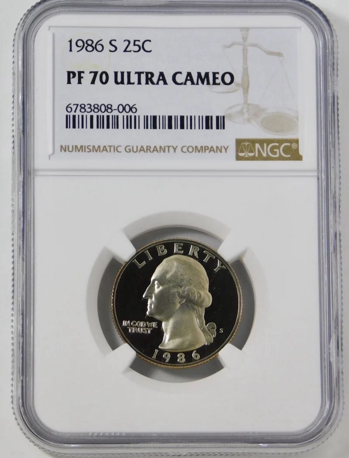 1986-S Washington Quarter Top Grade! NGC Gem Proof 70 Ultra Cameo