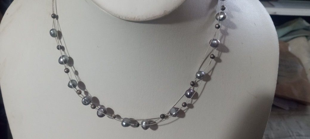 Dark Grey Floating Pearls Necklace