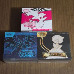 Pokemon Cards Scarlet and Violet White Flare, Mega Evolution Phantasmal Flames and Mega Evolution(Mega Gardevoir) Elite Trainer Boxes