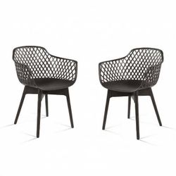 Dark Brown Plastic Hallow Pattern Outdoor Dining Chair Set of 2