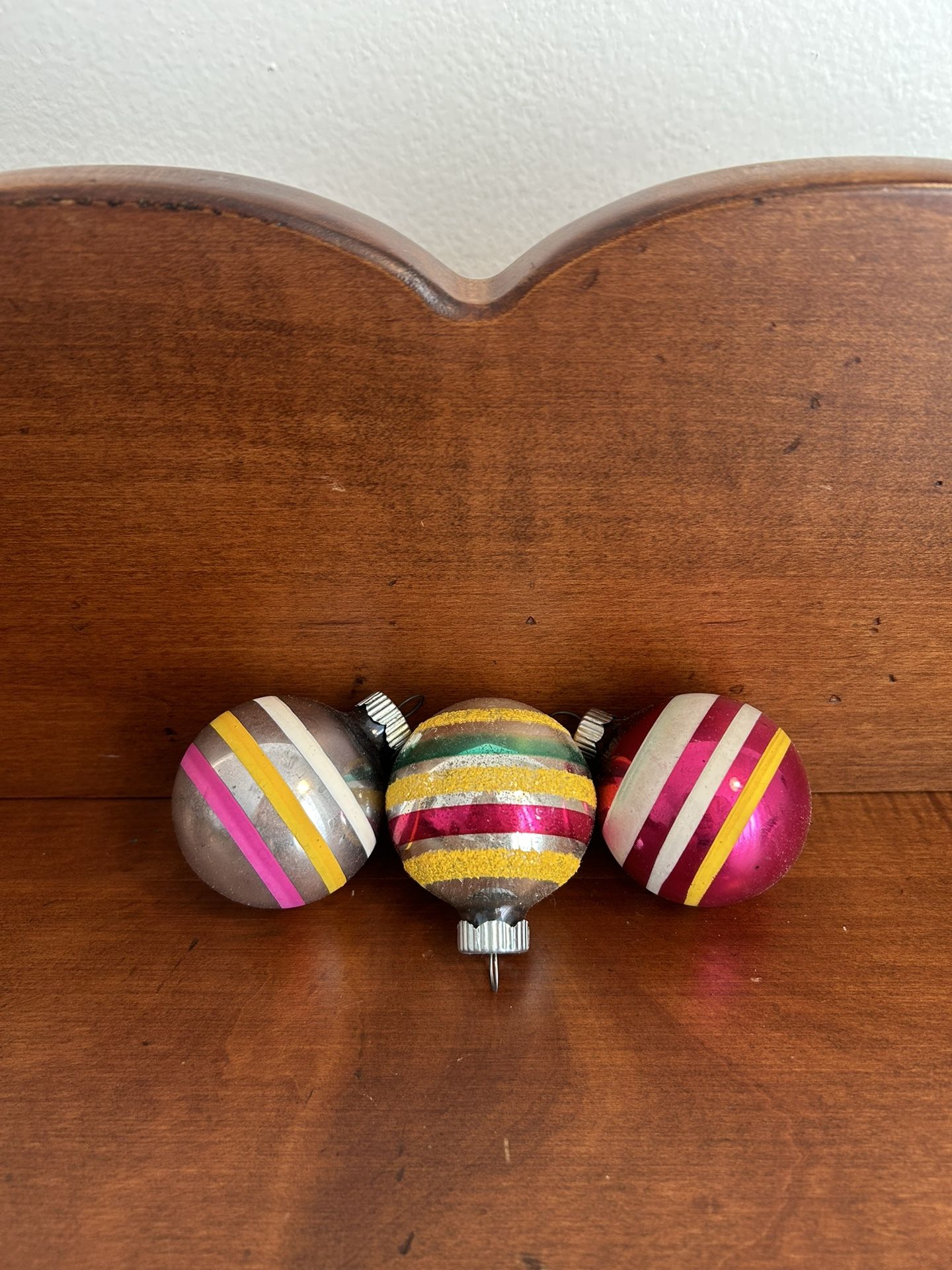 Set of 3 Vintage Shiny Brite Ornaments Stripes, Mica 2 7/8” diameter