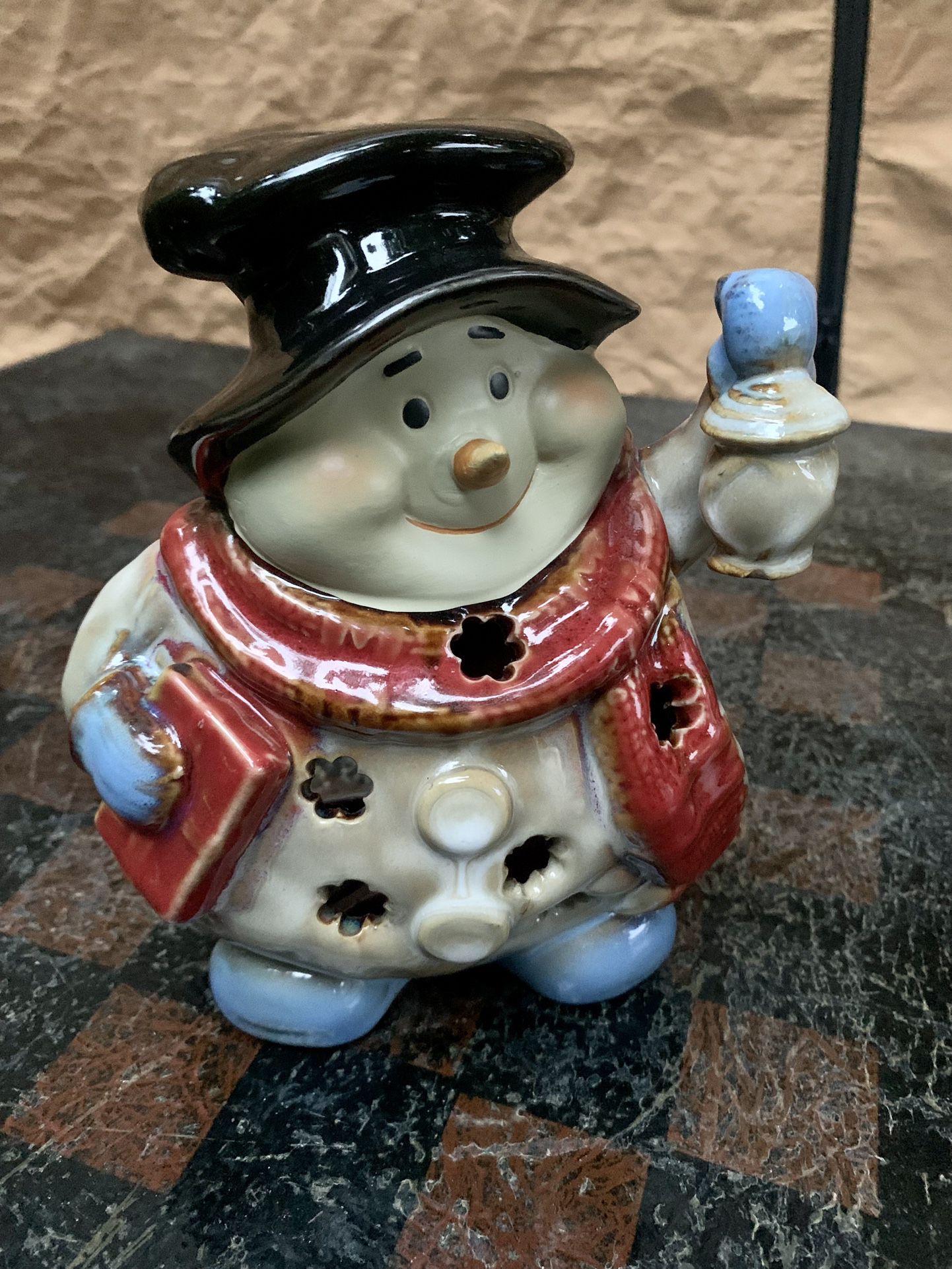 Christmas Ceramic Snowman Tealight Candle Holder w Lantern Tii Collections 7 in