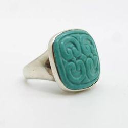 14.3ct Natural Carved Turquoise Sterling .925 Silver Ring SZ 7.5