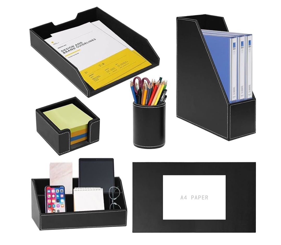 (4002)6 Piece Office Supplies/Desk Organizer Set with Desktop Leather Writing Pad,File Paper Tray,Magazine folder Holder, Pen Cup,Sticky Note Holder,