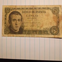 Banco De Espana Spain Cinco 5 Pesetas 1951 Foreign World Banknote