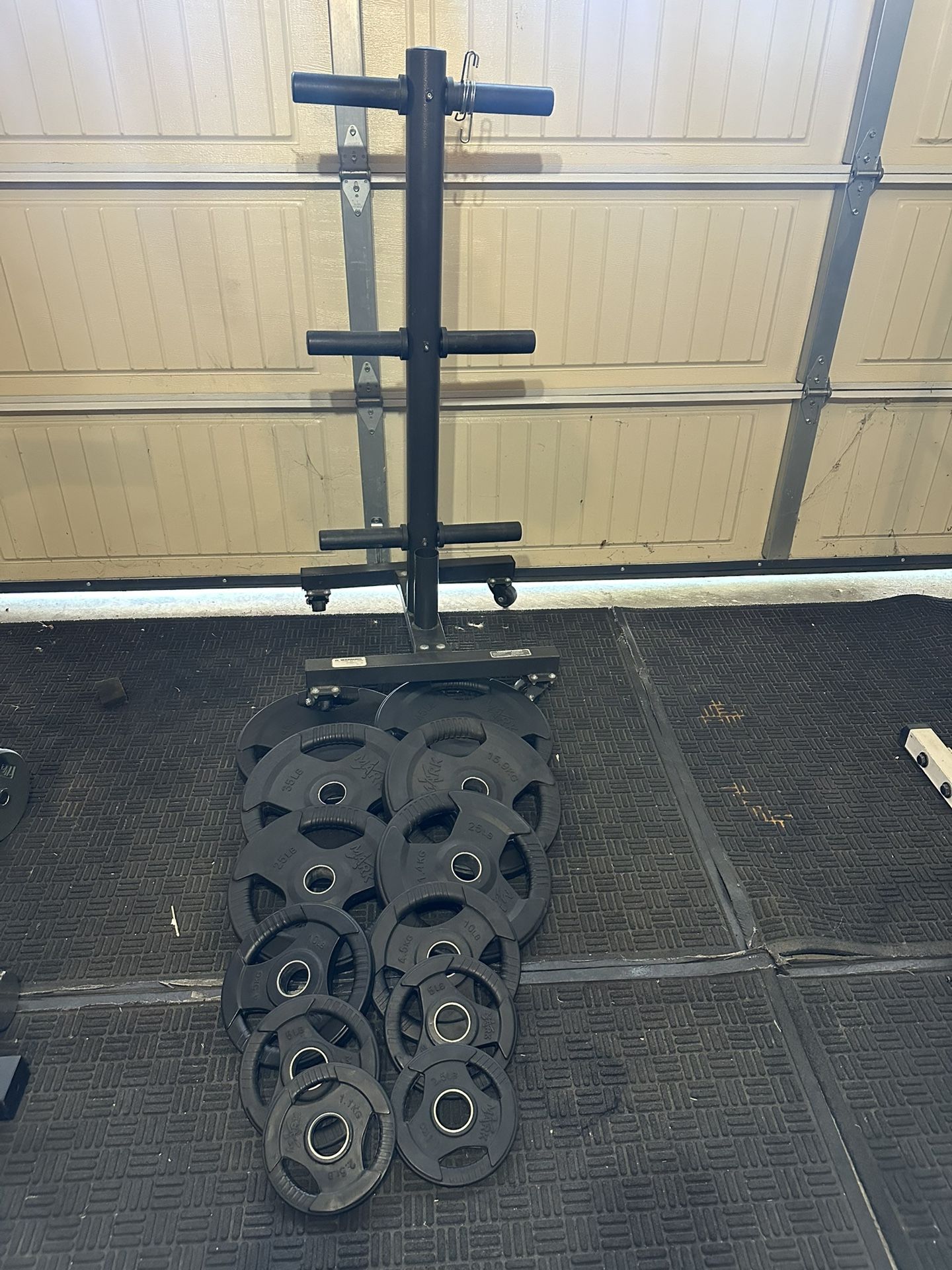 Rubber Coated XMARK TRI-GRIP Pair or Set of Olympic Weight Plates 245lbs total plus weights tree
