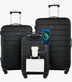 BRAND NEW Smart Hardside Luggage Travel Set – Cup Holder & USB Charger (NIB)