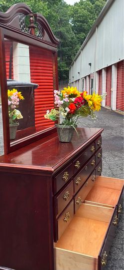 Vaughan solid wood long dresser with big drawers , big mirror. Drawer sliding smoothly