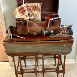 Vintage Tools With Antique Tool Box And Apron