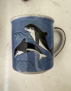 Wonderful Vintage Otagiri Speckled Stoneware Dolphin / Orca Mug