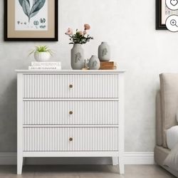 Large White 3 Drawer Dresser with Fluted Panel, Modern Chest of Drawers with Silent Slide Drawers, Wood Accent Nightstand with Storage for Bedroom 