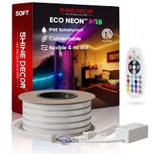 SHINE DECRO - LED RGB Neon Rope Lights AC 120V, Expandable & Cuttable Bright Strip Lighting with Remote, Dimmable Color Changing, ETL Cold-Resistant &