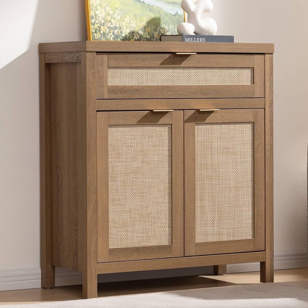 Buffet Cabinet Sideboard with Storage, Rattan Accent Cabinet with Doors Drawer, Boho Credenzas Farmhouse Buffet Table Console Coffee Bar Cabinets for