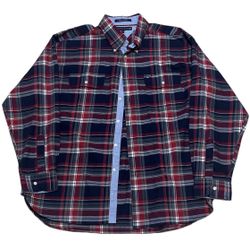 Tommy Hilfiger Button Down Men’s XL Red Blue Multi Plaid Flannel Shirt RN77806