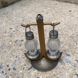 Vintage Hurricane Lamp Salt and Pepper Shaker Set With Boat Anchor Stand