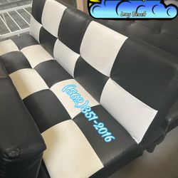 White & Black Checkered Faux Leather Futon Foldable Bed Sofa 