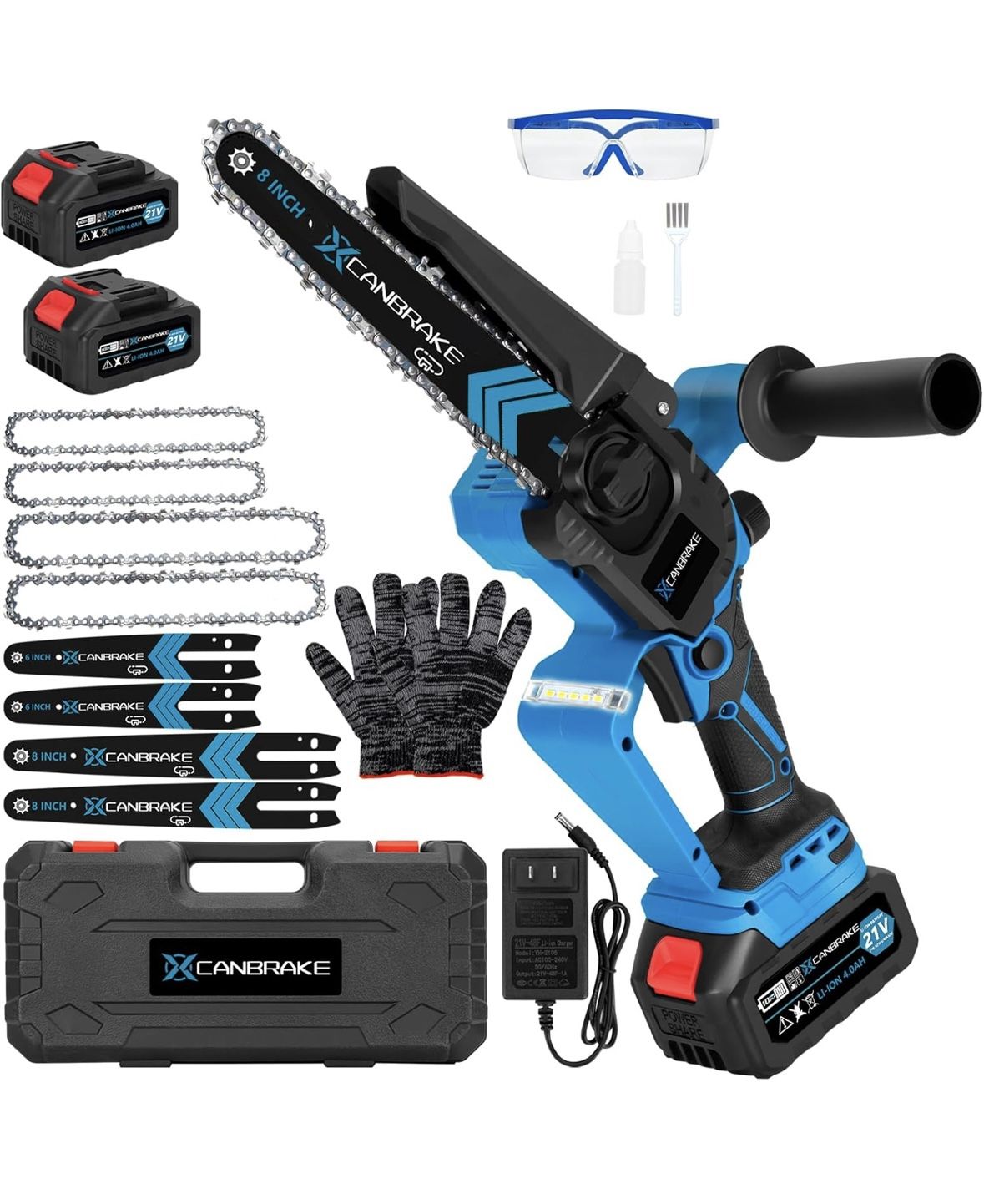 Cordless Mini Chainsaw, 8 inch & 6 inch Portable Handheld Chain Saw with 2 X 4.0Ah Battery, 4 Chains 4 Guide Plates, LED Indicate, Brushless Electric 