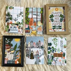 Whimsical Plant & Cozy Cat Art Prints Framed 4x6 Glossy Photo