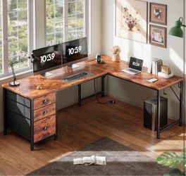 ( Small damage) Furologee 63" L Shaped Desk, Office Corner Desk with Power Outlets, Brown 2 Drawers & File Cabinet, USB & Type-C, Reversible Design, 2