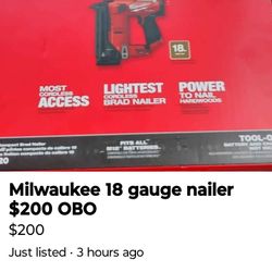 Milwaukee 18g Nailer Battery Powered