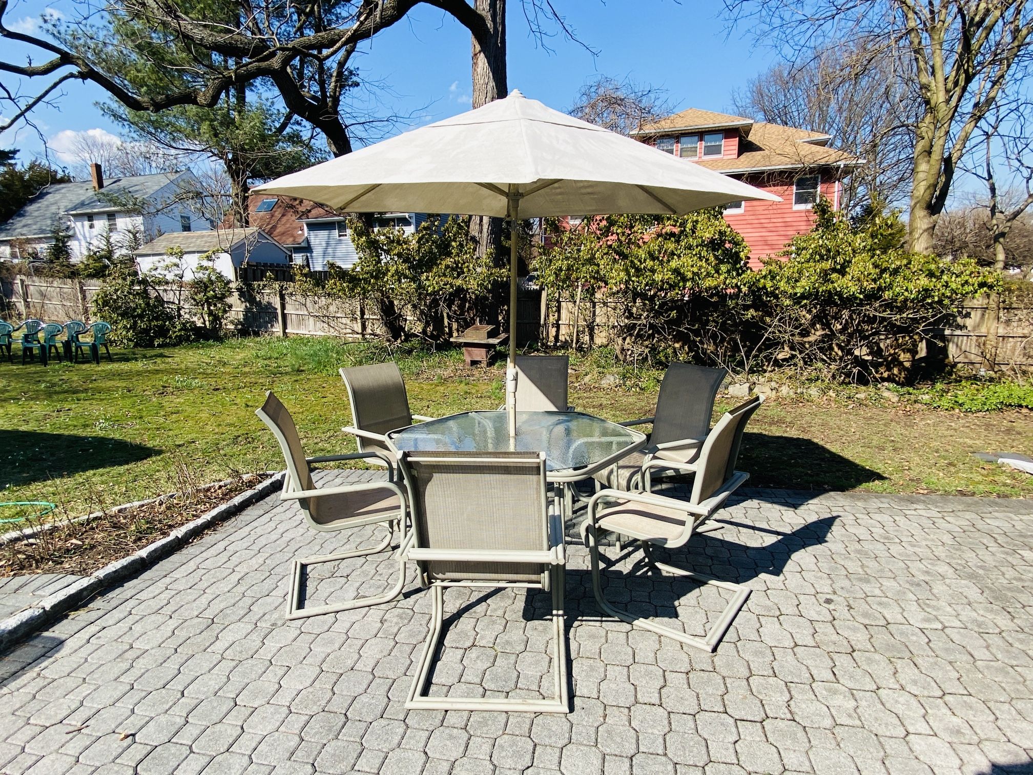 8-Pc Hexagon Outdoor Glass Dining Table, Chairs and Umbrella Set - SEE PICS ($75 OBO)