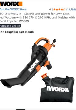WORX TRIVAC 3in1 electric leaf blower for lawn care, leaf vacuum with 350 CFM and 210 mph leaf mulcher with metal impeller model WG509