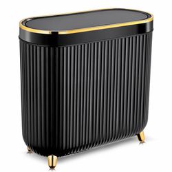 Modern Slim Bathroom Trash Can With Lid – Black & Gold Luxury Design