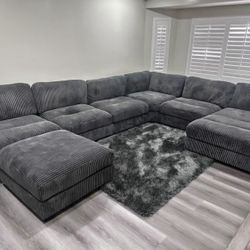 New 164x127x66chaise Dark Gray Corduroy 7pc Sectional with Ottoman