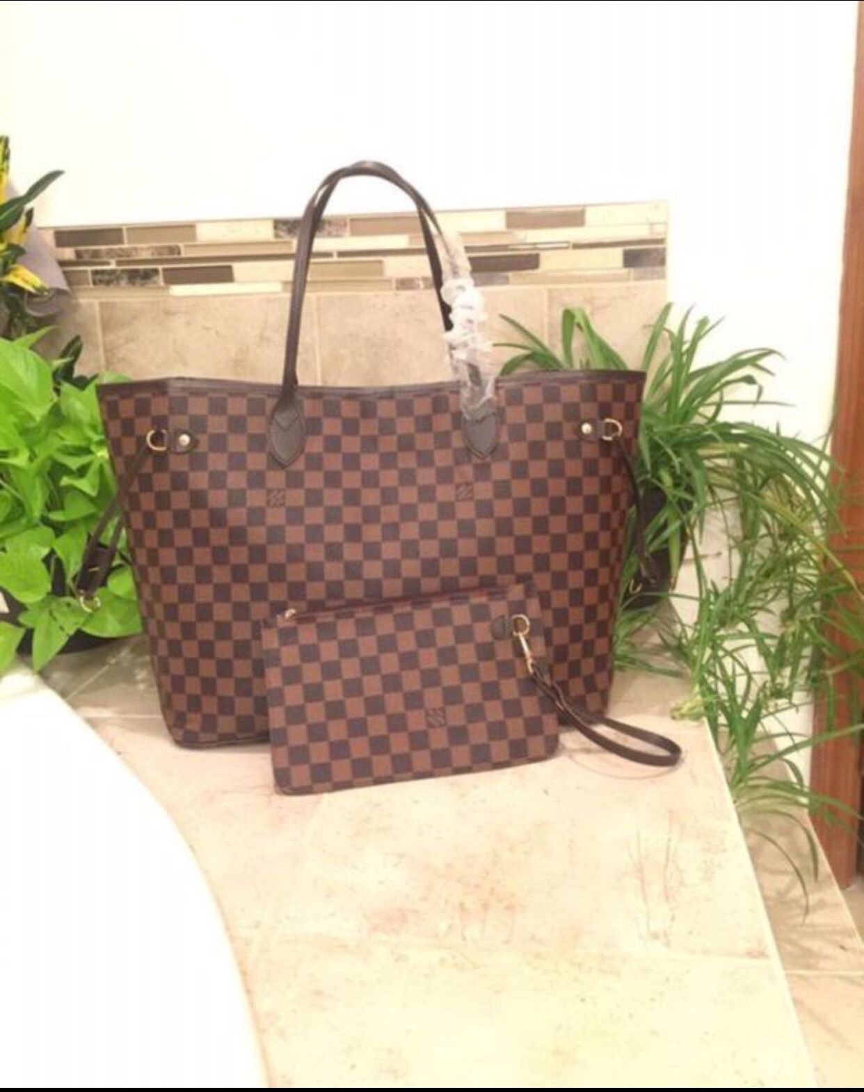 Large Brown checkered tote purse handbag with Wristlet