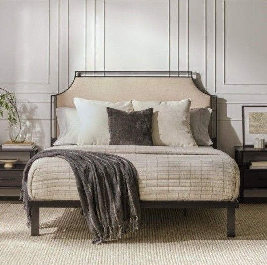 Transitional Beige Metal Frame Queen Platform Bed with Upholstered Headboard(NEW In A Box)