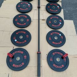 305 Pound Complete Matching Ethos Bumper Plate + Power Bar Olympic Weight Set