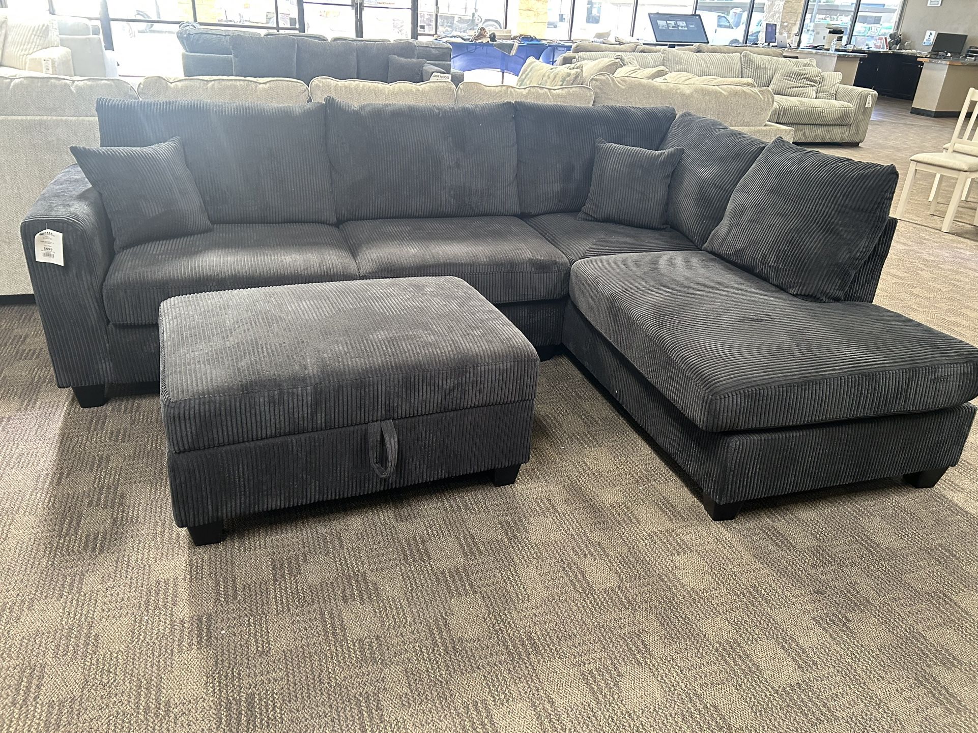 NEW Black Sectional W/ Storage Ottoman 