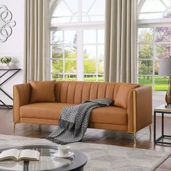 77.6" 3 Seater Sofa, Modern PU Leather Couch with Golden Legs & Armrests & 2 Pillows for Living Room, Brown