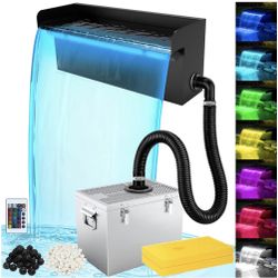 Brand New In The Box- All-in-1 Pond Waterfall Kit with LED Light, 18-inch Stainless Steel Spillway with 800GPH Pump Filter Box, 3-Stage Filtration Out