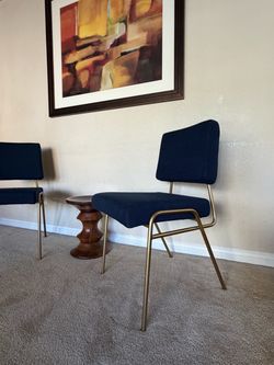 Pair of Wes Elm Mid Century Navy Blue and Gold Side Tables