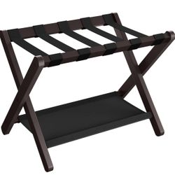Luggage Rack, Folding Suitcase Stand with Storage Shelf, for Guest Room, Hotel, Bedroom, Heavy-Duty, Holds up to 131 lb, Chestnut Brown URLR007R01
