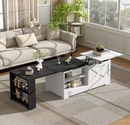 ❤️🔥 47.2x18.4x23.8Inches White+Black U-Can Farmhouse Lift Top Coffee Table, Wood Rectangle Center Table