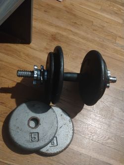 Dumbbell with one handle bar, four 5s and two 10s,