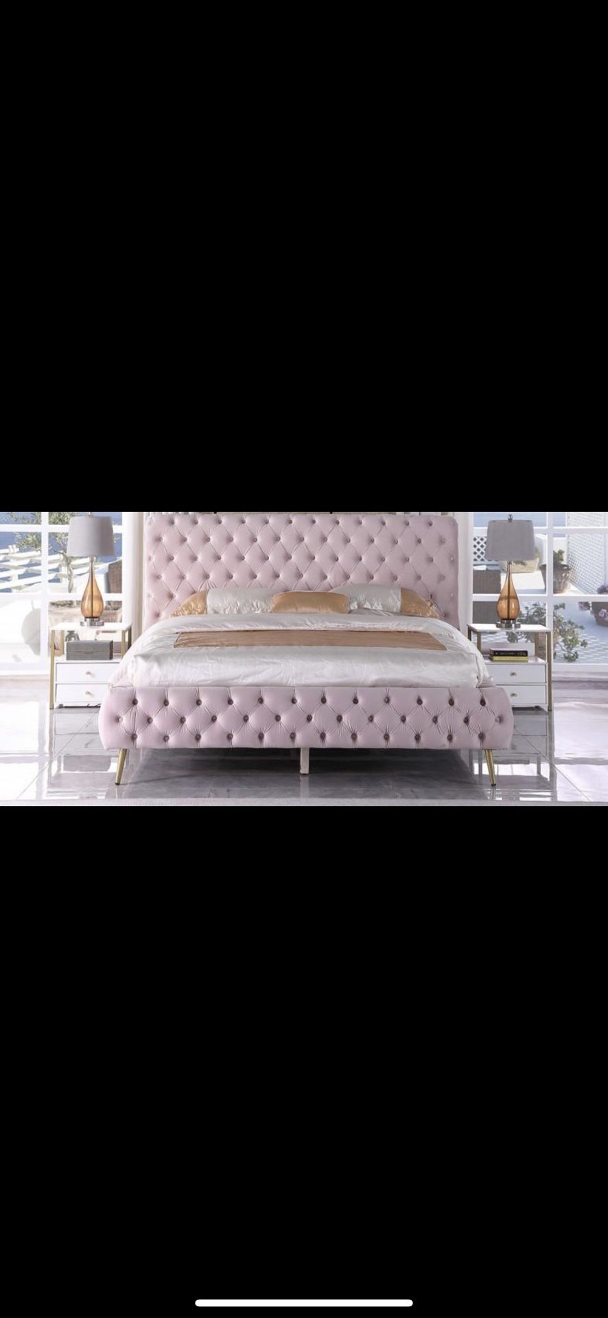 Pink Queen Velvet Upholstered Bed Frame