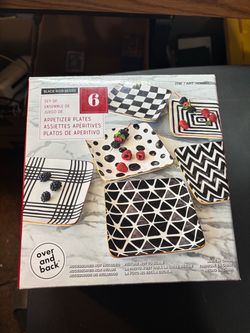 New Over & Back Black White Geometric Stoneware Appetizer Plates Set Of 6