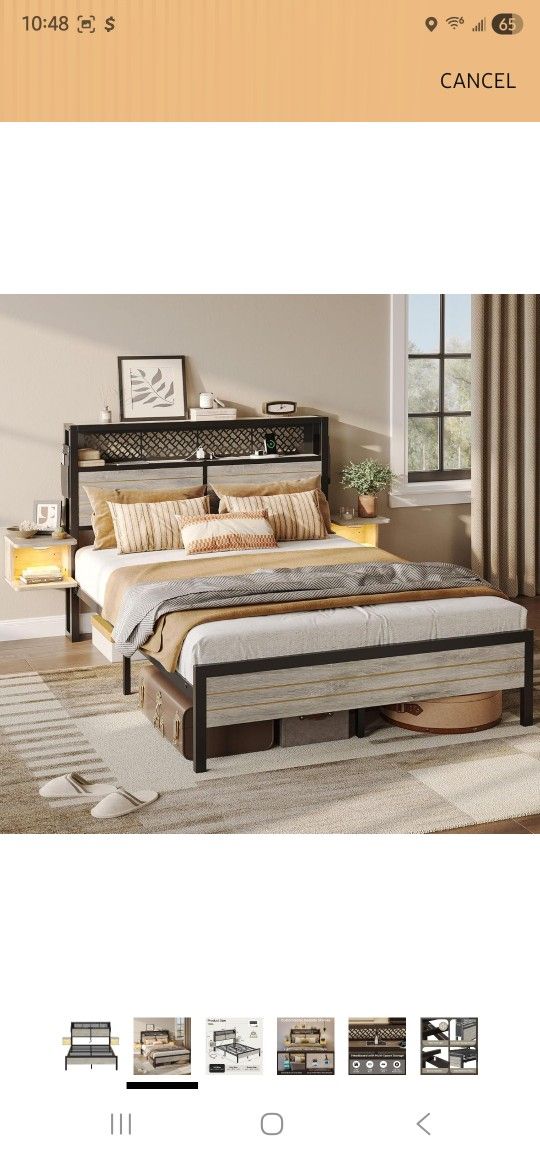 Bestier Full Bed Frame with Horizontal Golden Stripe Storage Headboard&LED Nightstands, Metal Platform Bed with Charging Station, Heavy Duty Metal Sla
