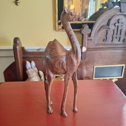 LARGE WOODEN HAND-CARVED CAMEL STATUE