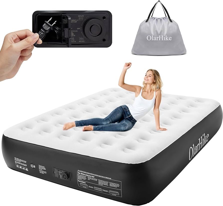 OlarHike Queen Air Mattress with Built in Pump,Durable Inflatable Blow Up Airbed with Storage Bag,13" High Speed Inflation Black, Camping Accessories,