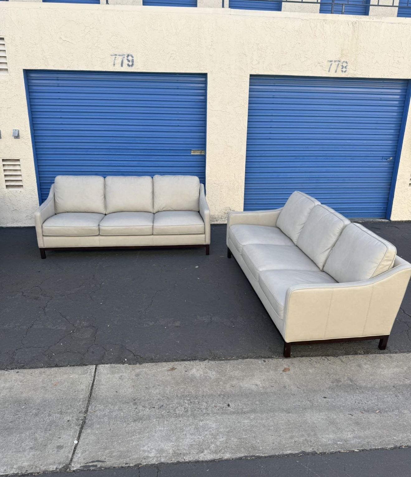 Set of 2 Cream 3-Seat Concise Leather Sofas – Like New!